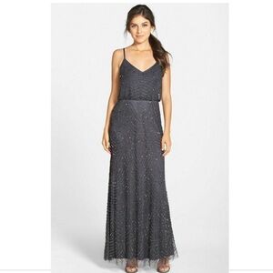 Adrianna Papell 
Art Deco
Gun Metal
Women's Long Beaded Blouson Gown